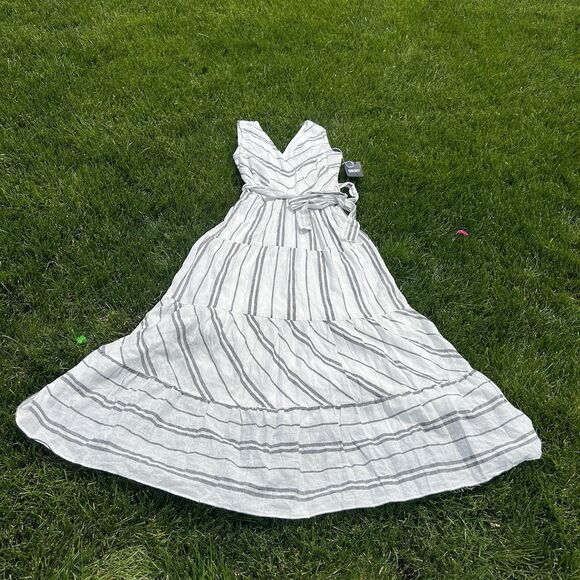 DKNY  Donna Karan Linen Stripe V-Neck Sleeveless Tie Waist Maxi Dress NWT size 2 - Picture 3 of 11